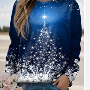 Womens Christmas Tree Sweatshirt Sweater Blue Ombre Snowflakes Medium Star